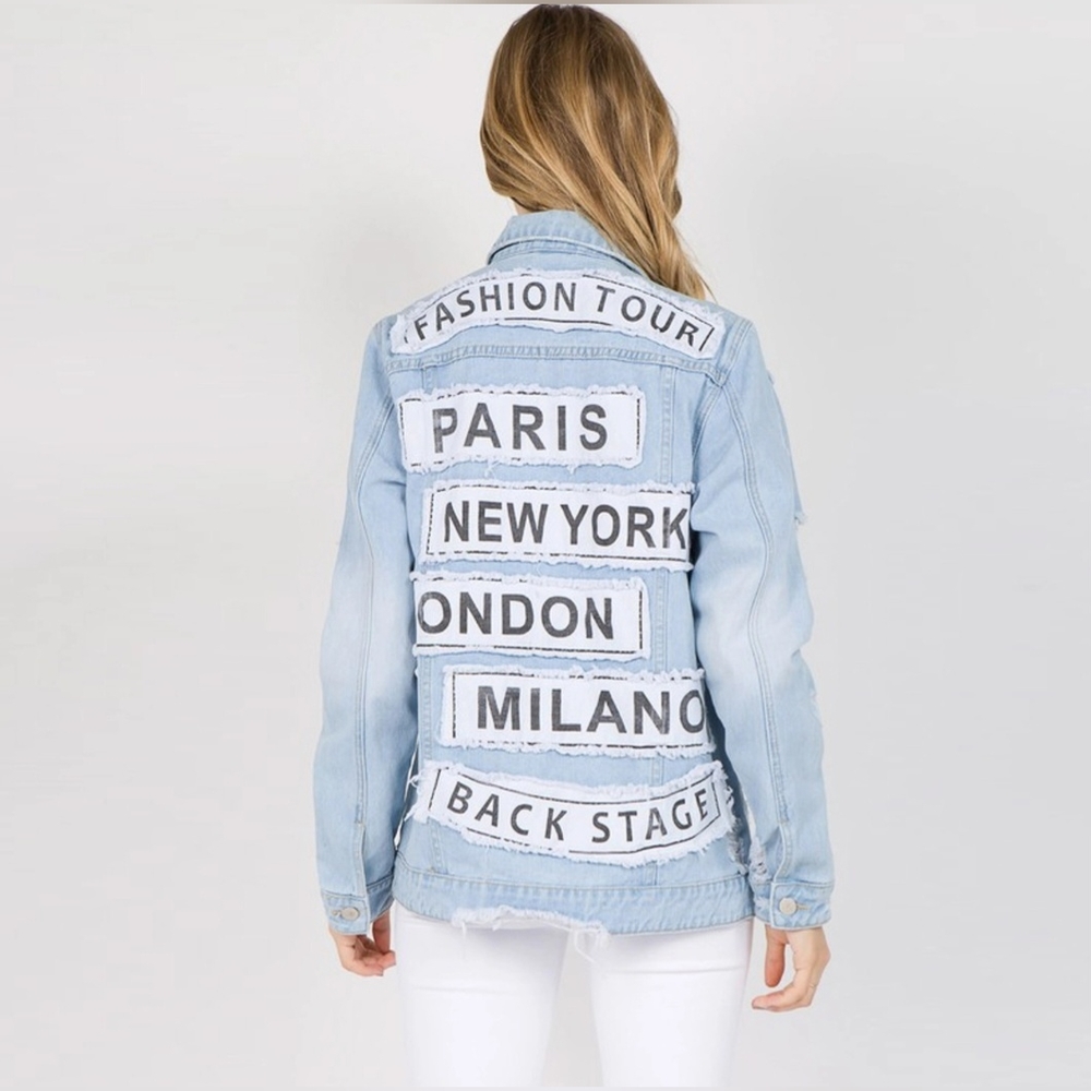 #221 🛑S LIGHT BLUE FASHION TOUR DISTRESSED DENIM JACKE